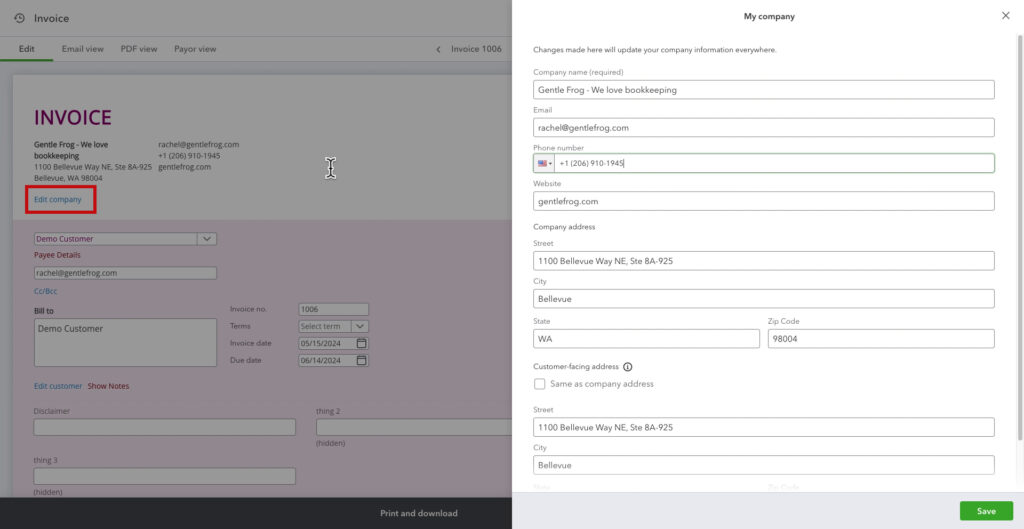 Edit company link on an invoice in QBO