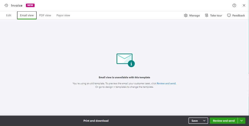 View unavailable message when trying to see an invoice email preview when using a custom template in the new invoice layout in QBO
