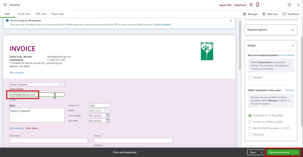 Enter your email address in the payee details section of an invoice to email yourself a copy to preview