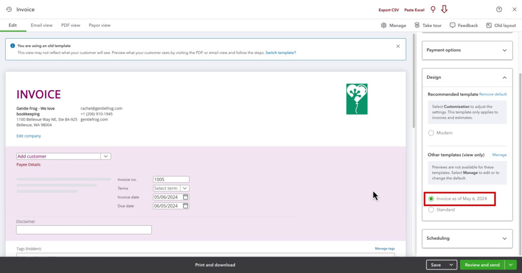 Your custom invoice templates show up in the Other templates section of Design in the Manage menu of the new invoice layout in QBO