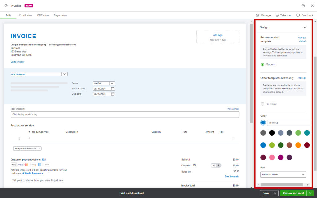 Design section of the Manage menu in the new QBO invoice layout