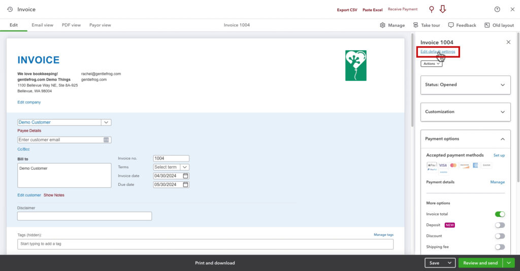 Edit default settings link in the Manage menu of an invoice in QBO