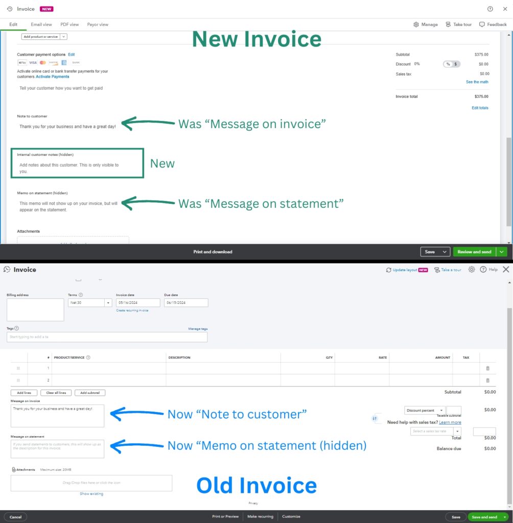 Old versus new note and messages on invoices in QBO