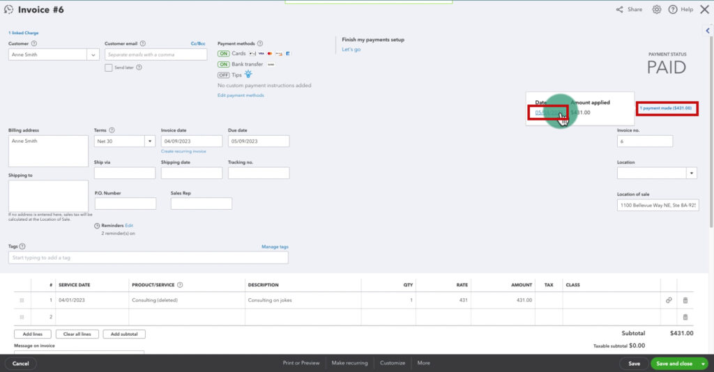 Opening an invoice payment in QBO