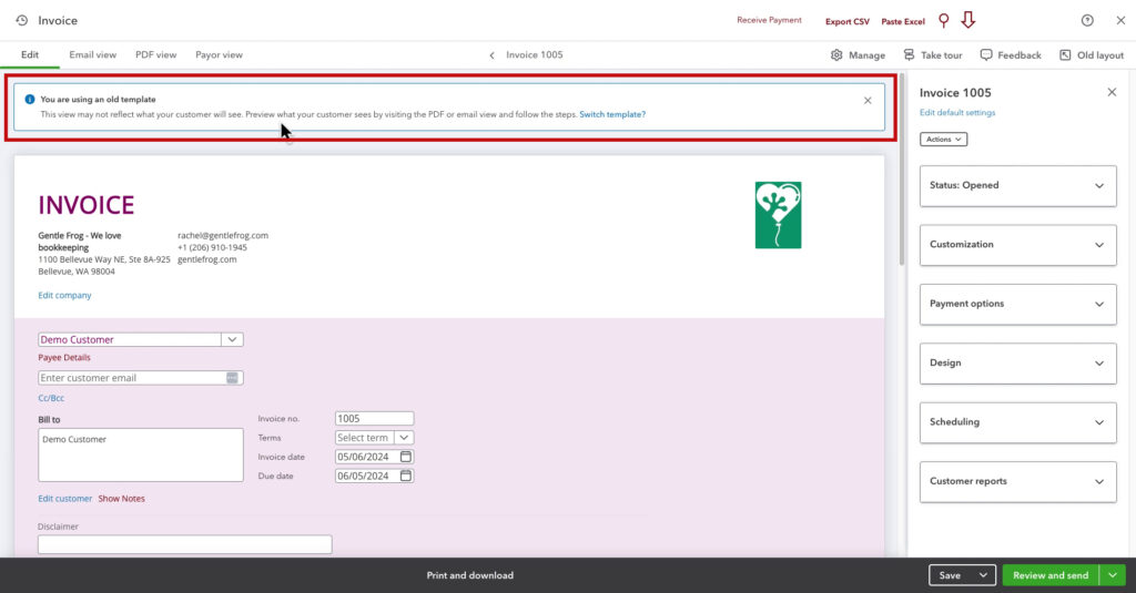 Old template warning when using a custom template in the new QBO invoice layout