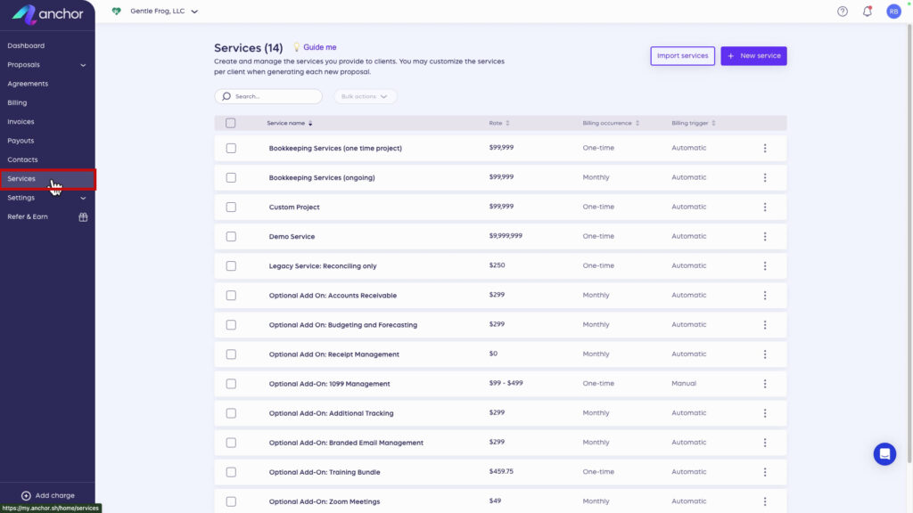 Your list of default services in Anchor