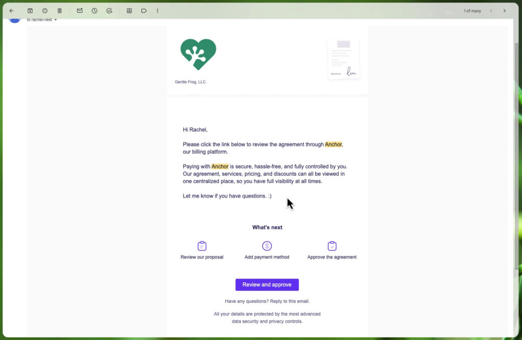 Example email a client receives when you send a proposal with Anchor