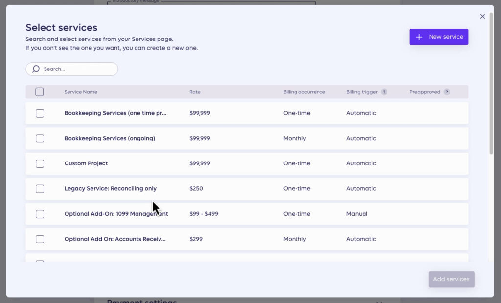 Selecting services to add to a proposal in Anchor