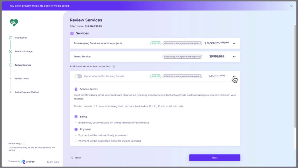 Reviewing services on an Anchor proposal so you can see add-on pricing with a package
