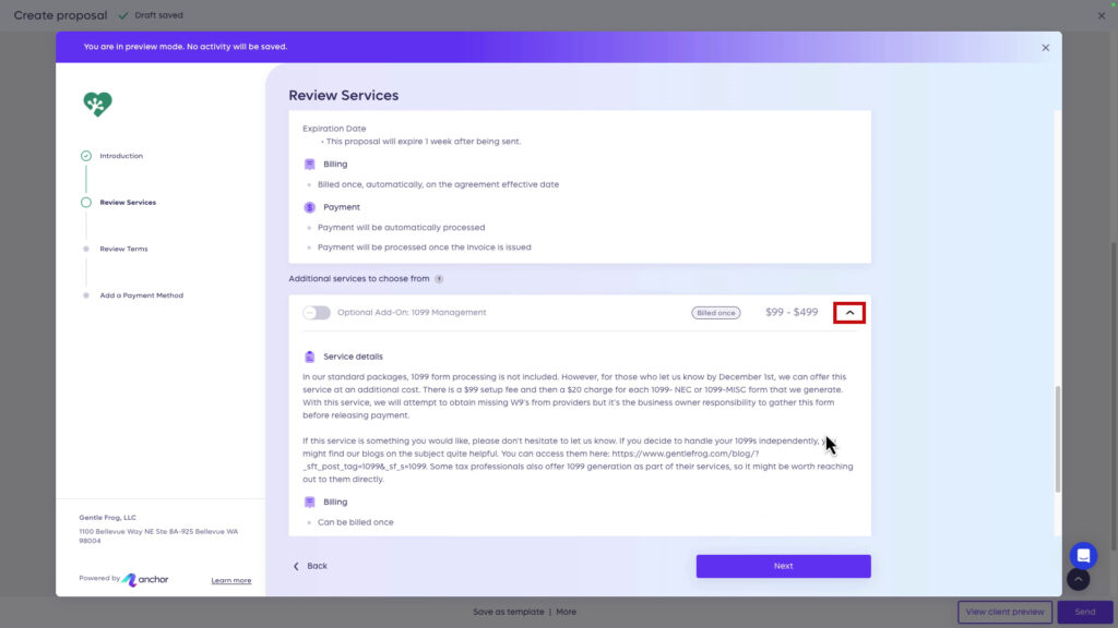 The client can click the arrow on to the right of a service to view it's full description in an Anchor proposal
