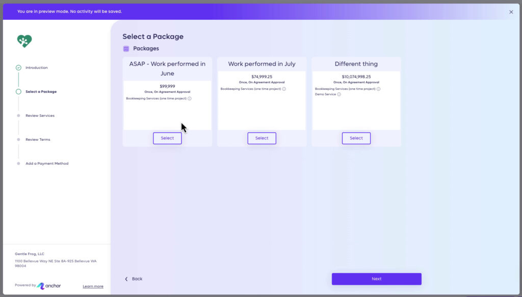 Select a Package section of an Anchor proposal with packages