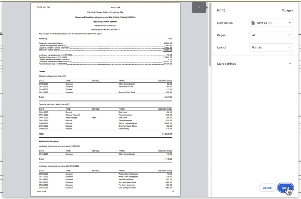 Printing a reconciliation report as a PDF to save it to your computer