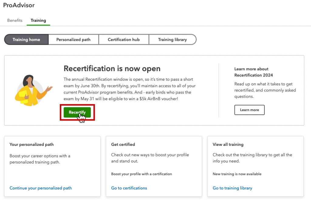 On the training screen click Recertify to get to the training you need for your QBO ProAdvisor recertificiation