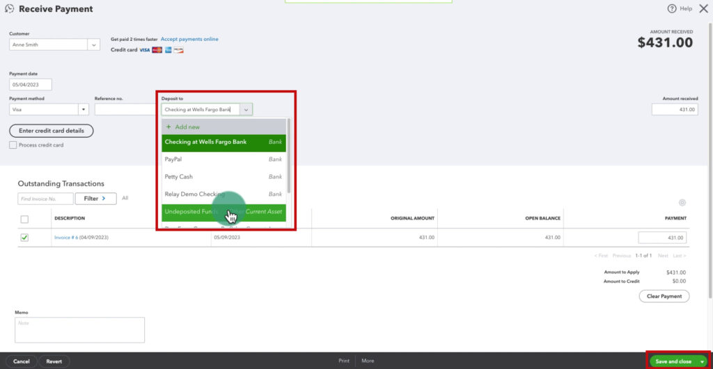 Changing an invoice payments Deposit to to Undeposited Funds