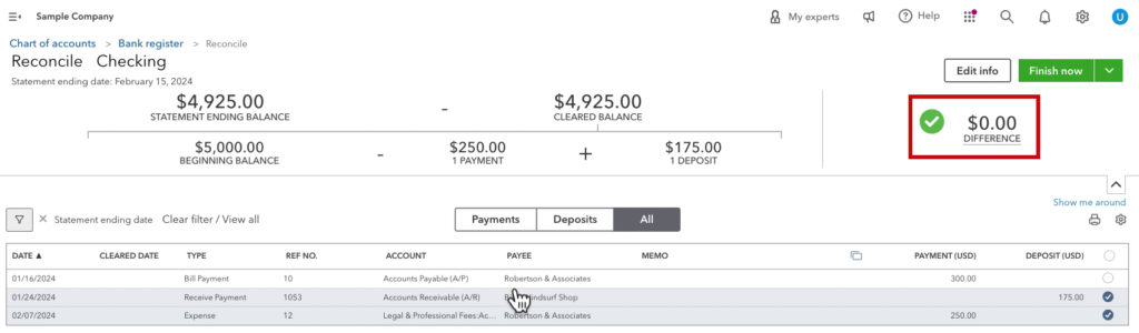 An example of an unmatched transaction when reconciling QBO