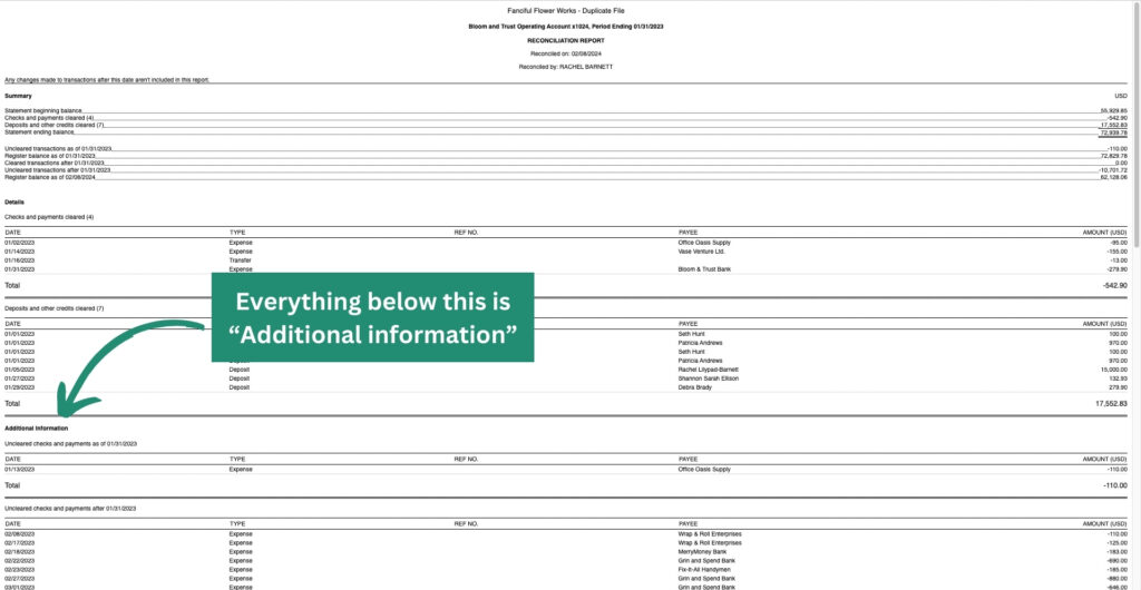 Additional information section in a reconciliation report in QBO