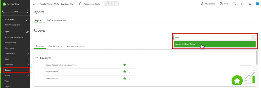 Navigating to the reconciliation reports in QBO from the Reports screen