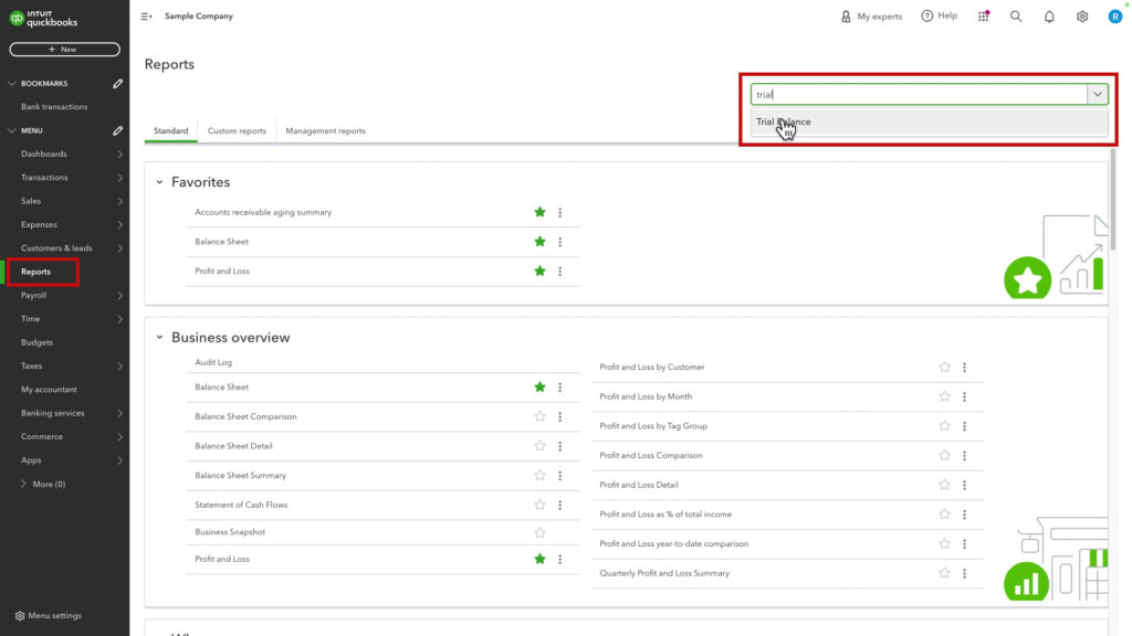 searching for Trial Balance from the reports screen in QBO.