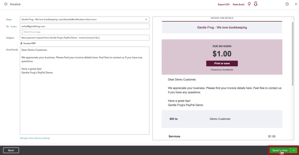 Reviewing an invoice email before sending it in QBO