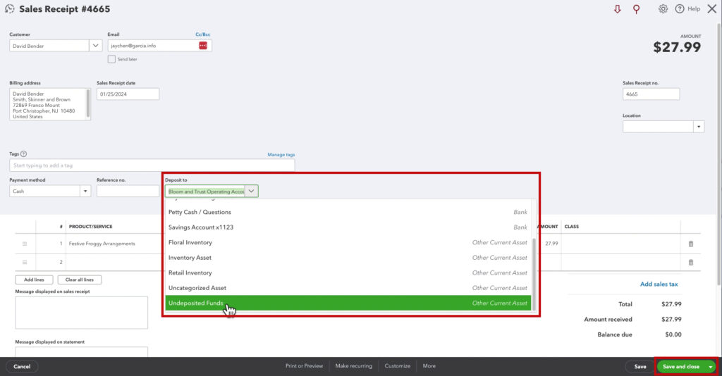 Changing Deposit to for a Sales Receipt in QBO