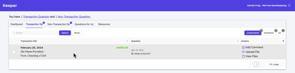 A transaction question in Keeper.apps client portal