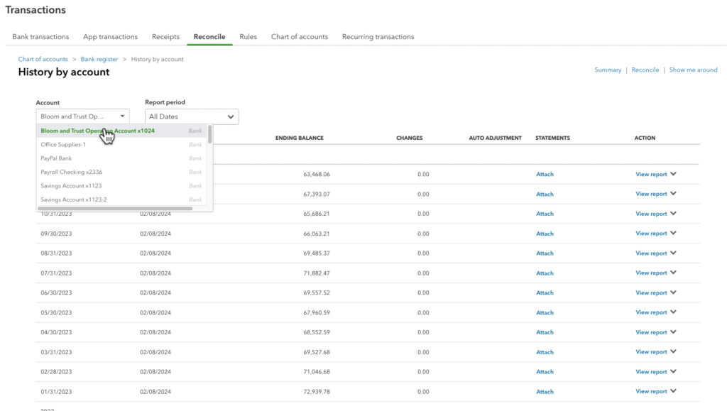 Selecting an account to get a reconciliation report for in QBO