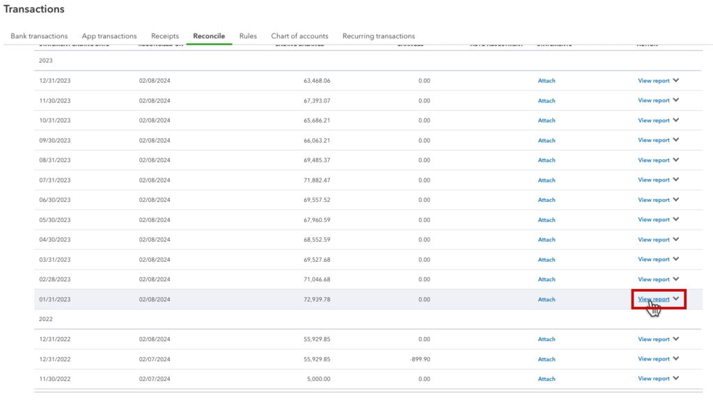Opening a reconciliation report in QBO by clicking View report