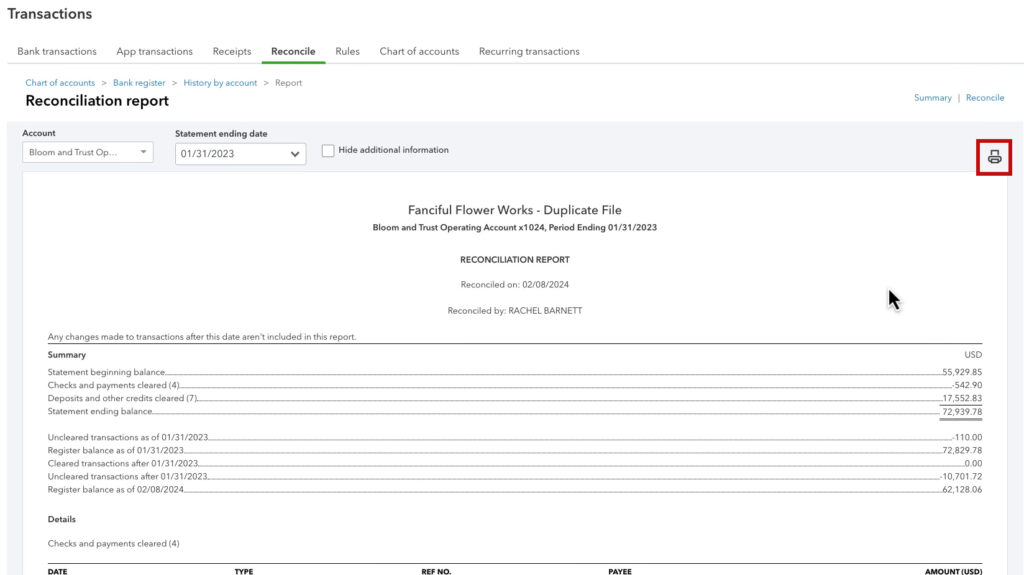 Printer icon on the reconciliation report in QBO