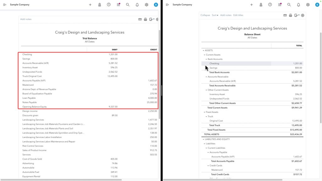 Side-by-side of the Trial Balance and Balance Sheet in QBO showing that they have the accounts.
