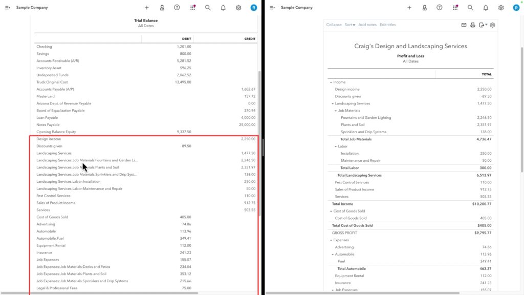 Side-by-side of the Trial Balance and Profit and Loss reports in QBO
