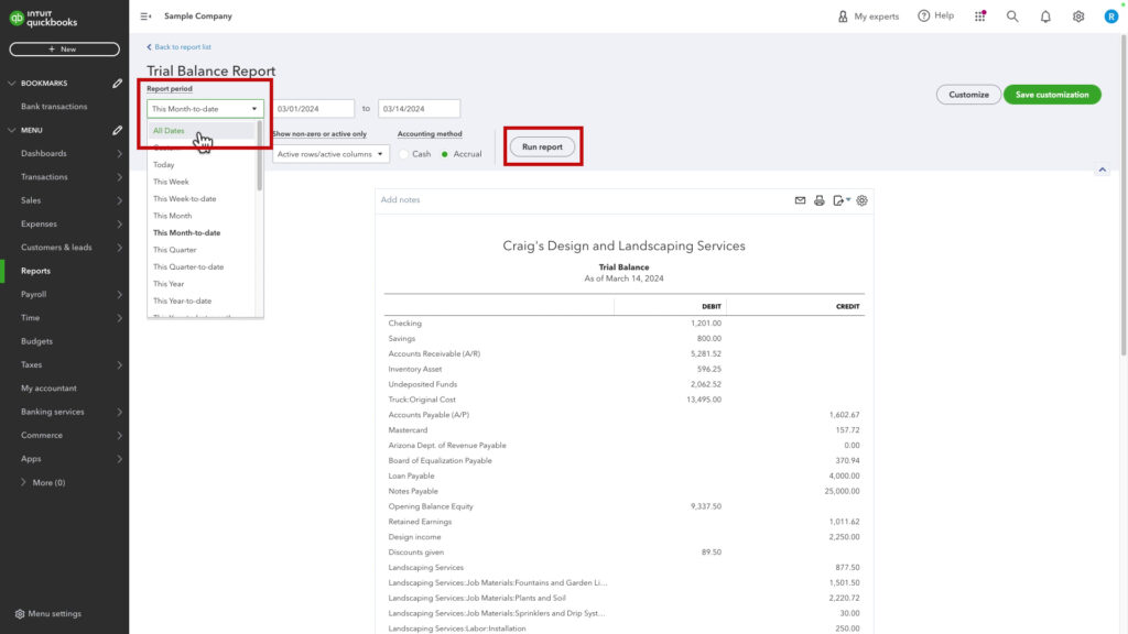 Selecting a date range for the Trial Balance report from the Report period drop-down in QBO