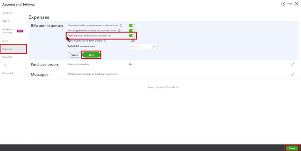 Where to go in the settings to turn on Track expenses and items by customer in QBO