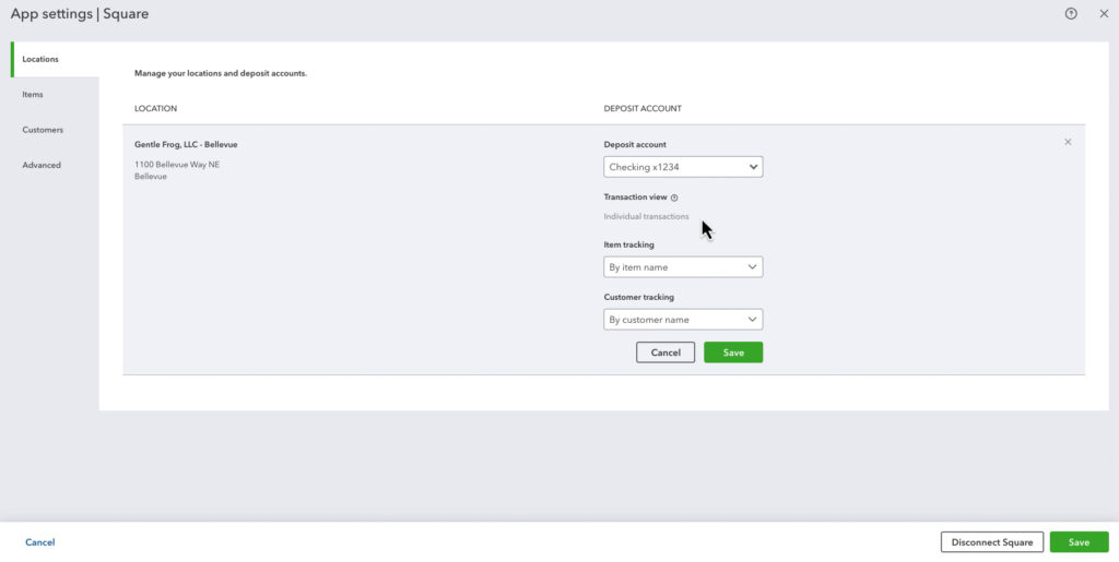App settings for Square in QBO