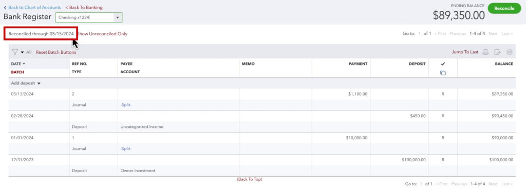 Reconciled through date in the bank register in QBO