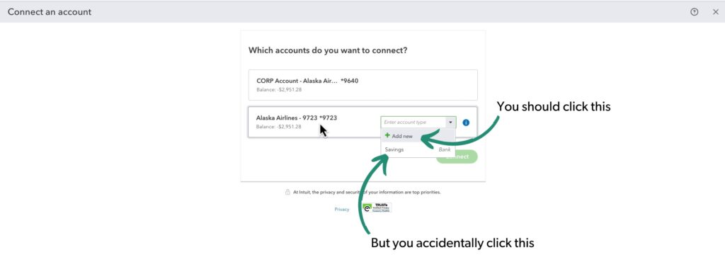 Accidently clicking a bank account when adding a credit card to QBO