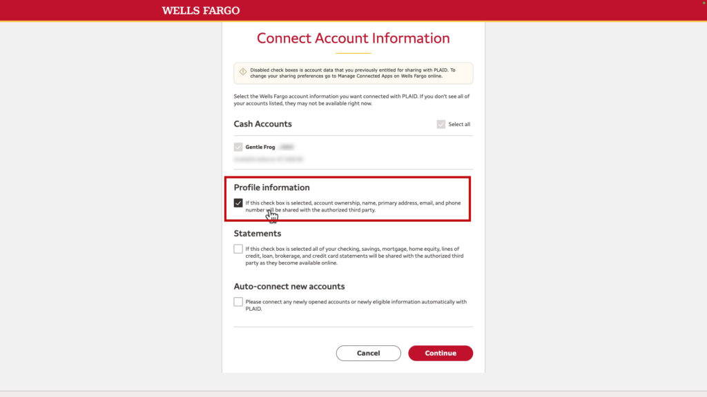 Profile information box you must check when connecting your Wells Fargo account to Square