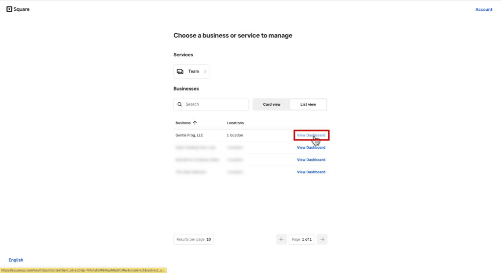 Choose the business to connect to Square/QBO