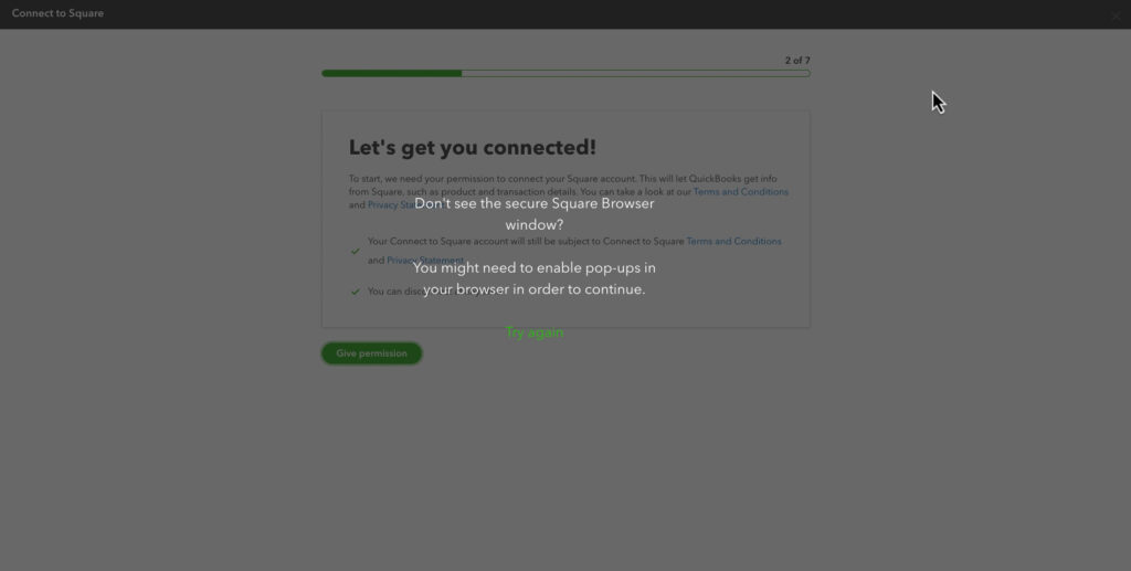 You must enable pop-ups to continue connecting Square to QBO