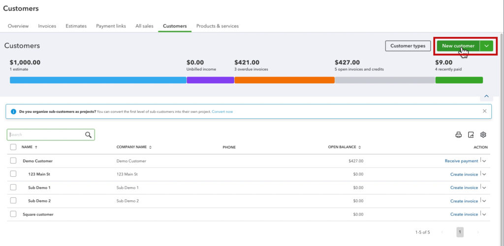 New customers button in QBO