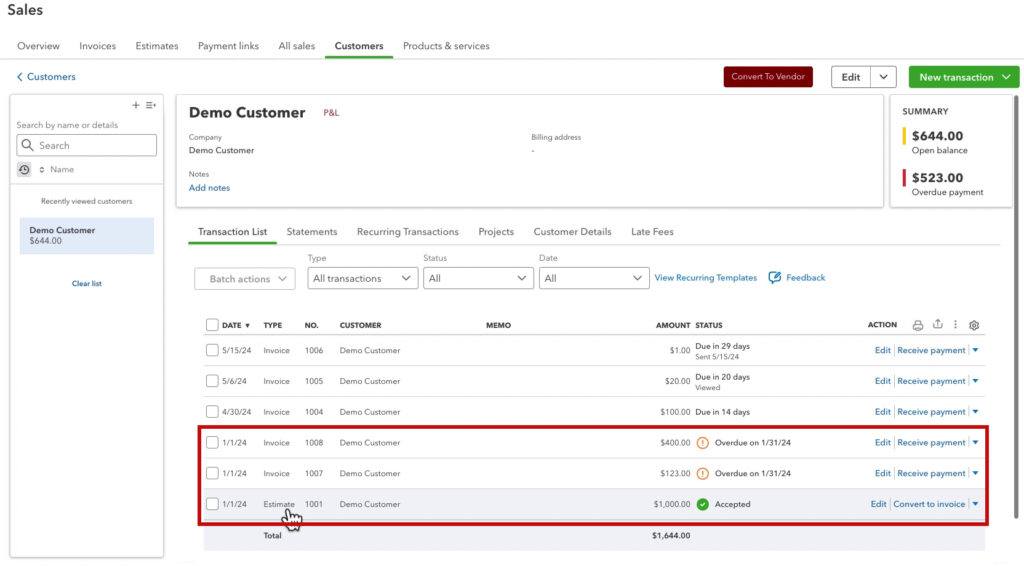 An estimate with progress invoices in a customer's profile in QBO
