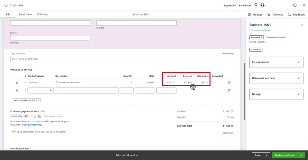 An estimate with an amount partially invoiced in QBO