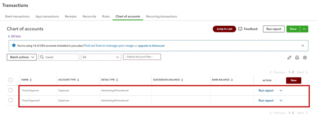 Two expense accounts to merge in QBO