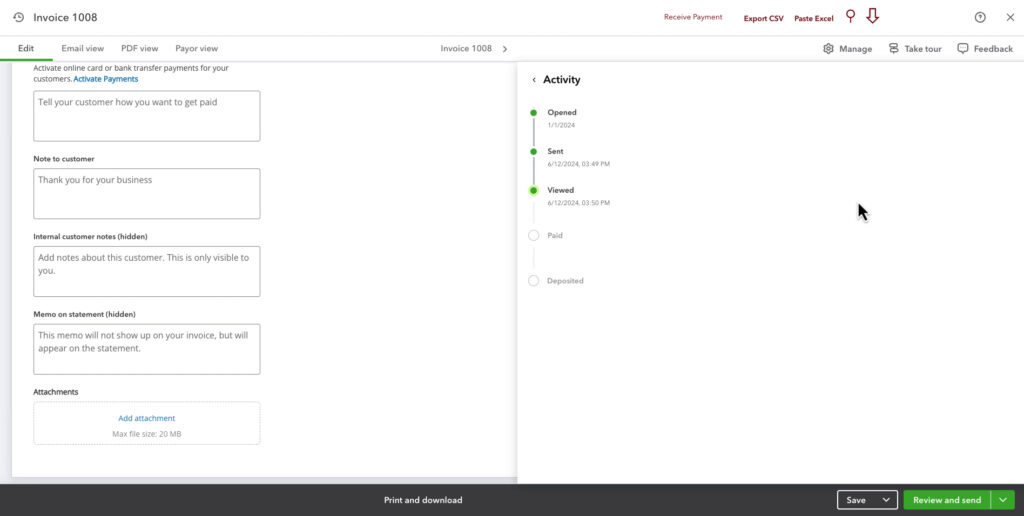Viewing the activity of an invoice from within the invoice.