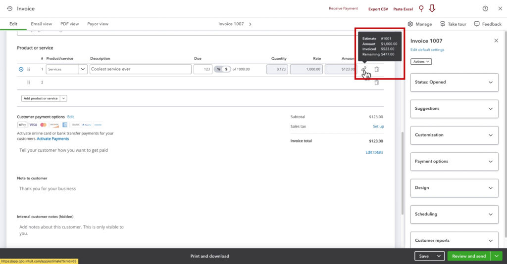 Transactions linked to an invoice in QBO.
