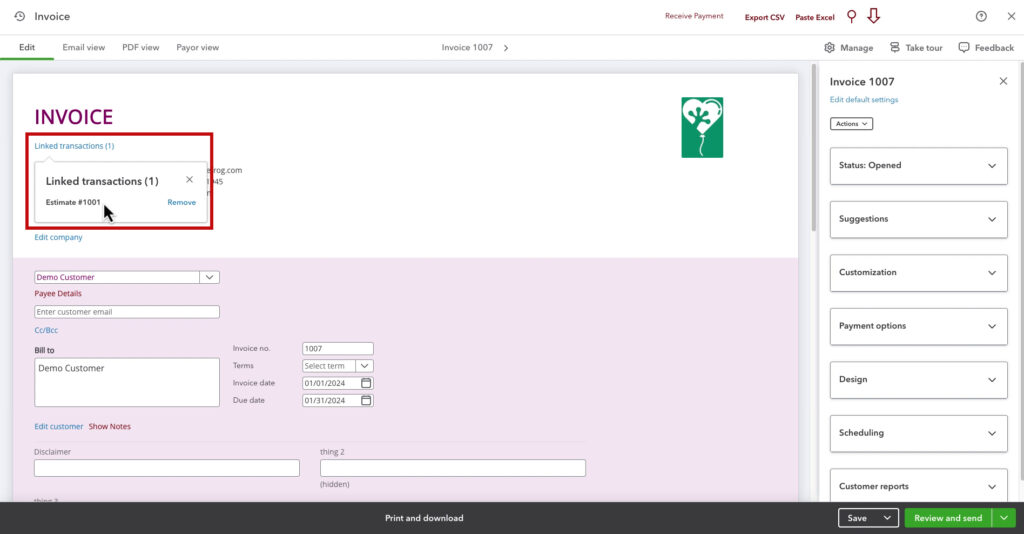 Transactions linked to an invoice in QBO