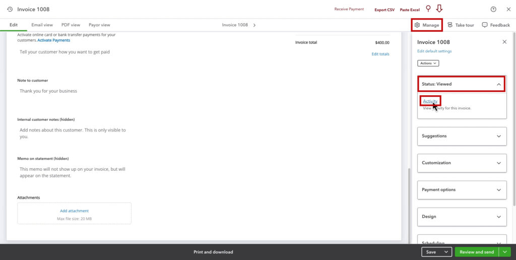 View invoice activity from within the invoice in QBO