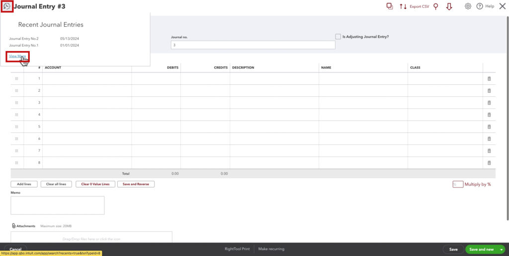 Viewing recent journal entries in a new journal entry in QBO