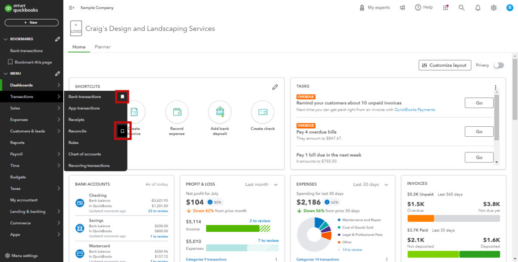 Bookmarks icon in the QBO left side menu showing an item not in Bookmarks and one that is. Items already in Bookmarks have the icon filled in.