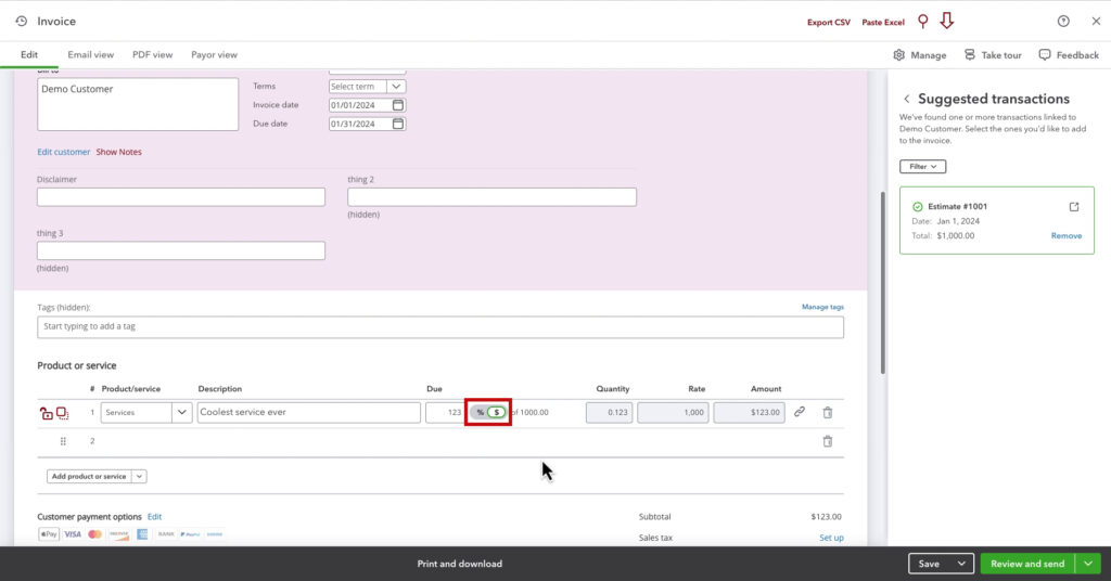 Progressing invoicing switching from percentage to dollar amount in QBO