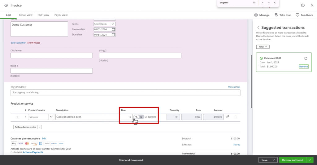 Progress invoicing 10% of an invoice in QBO